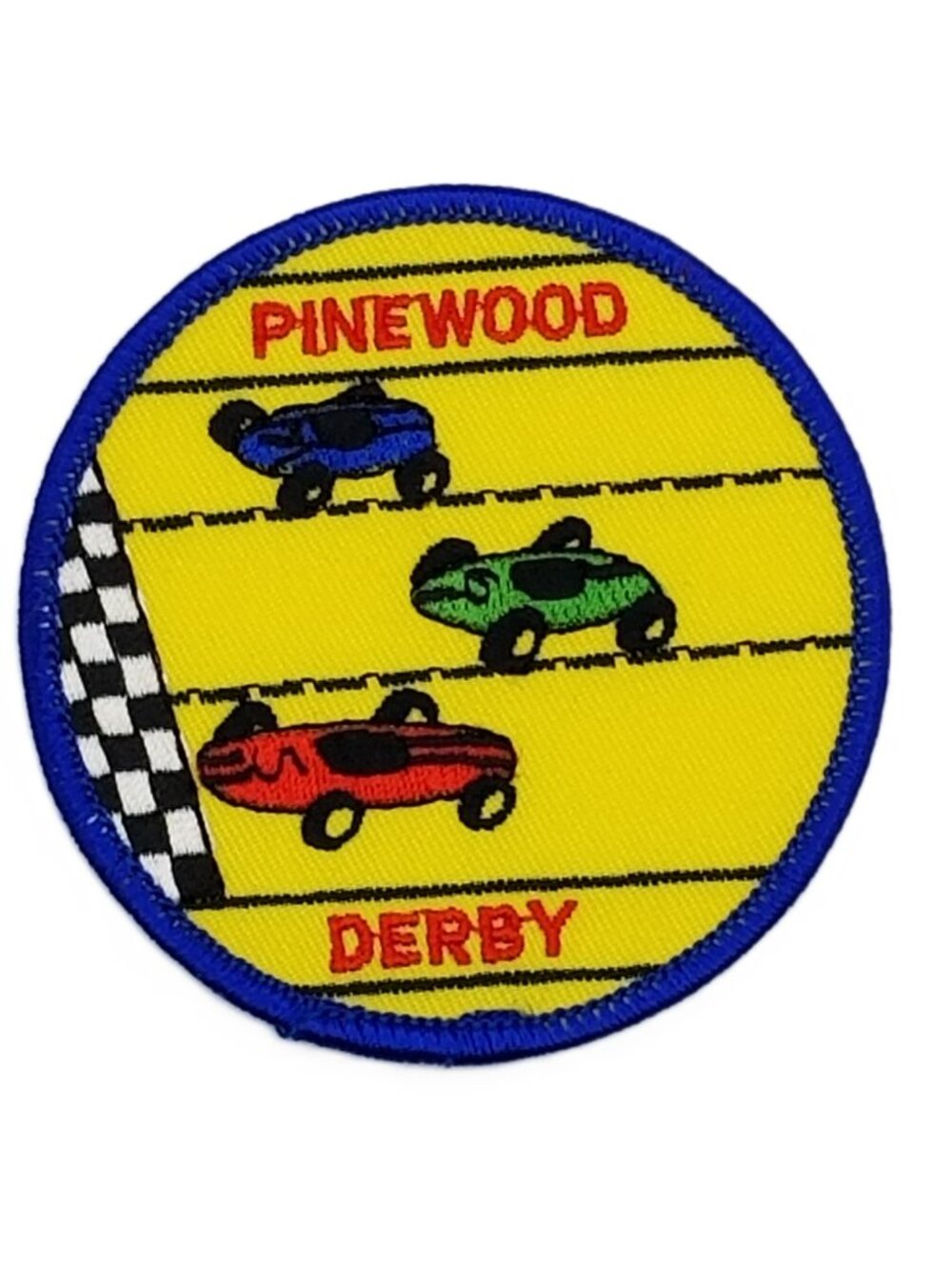 Vintage Cub Scout Pinewood Derby Patch BSA Yellow Blue Race Cars NOS